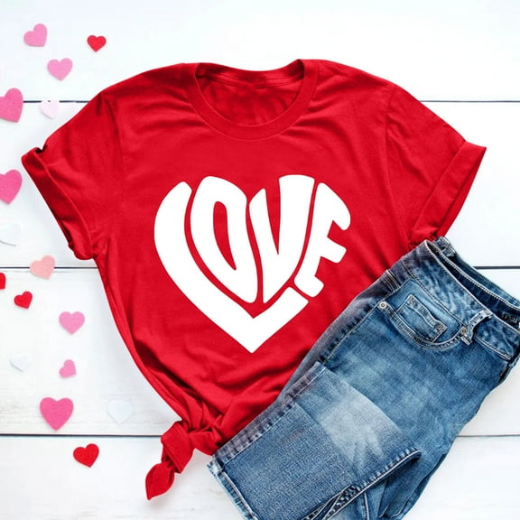 BLTIBY Valentine's Day Sweatshirts for Women Spring Summer Short Sleeve Crewneck Funny Love Heart Graphic Valentines Shirts Valentines Casual Fashion Pullover Tops Red S