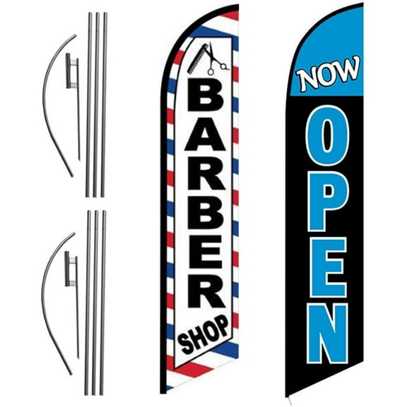 FFN Barber Shop and Now Open 15ft Outdoor Advertising Feather Swooper Banner Flag Kit Sign with Ground Stake & Flagpole, Open Signs for Barbers