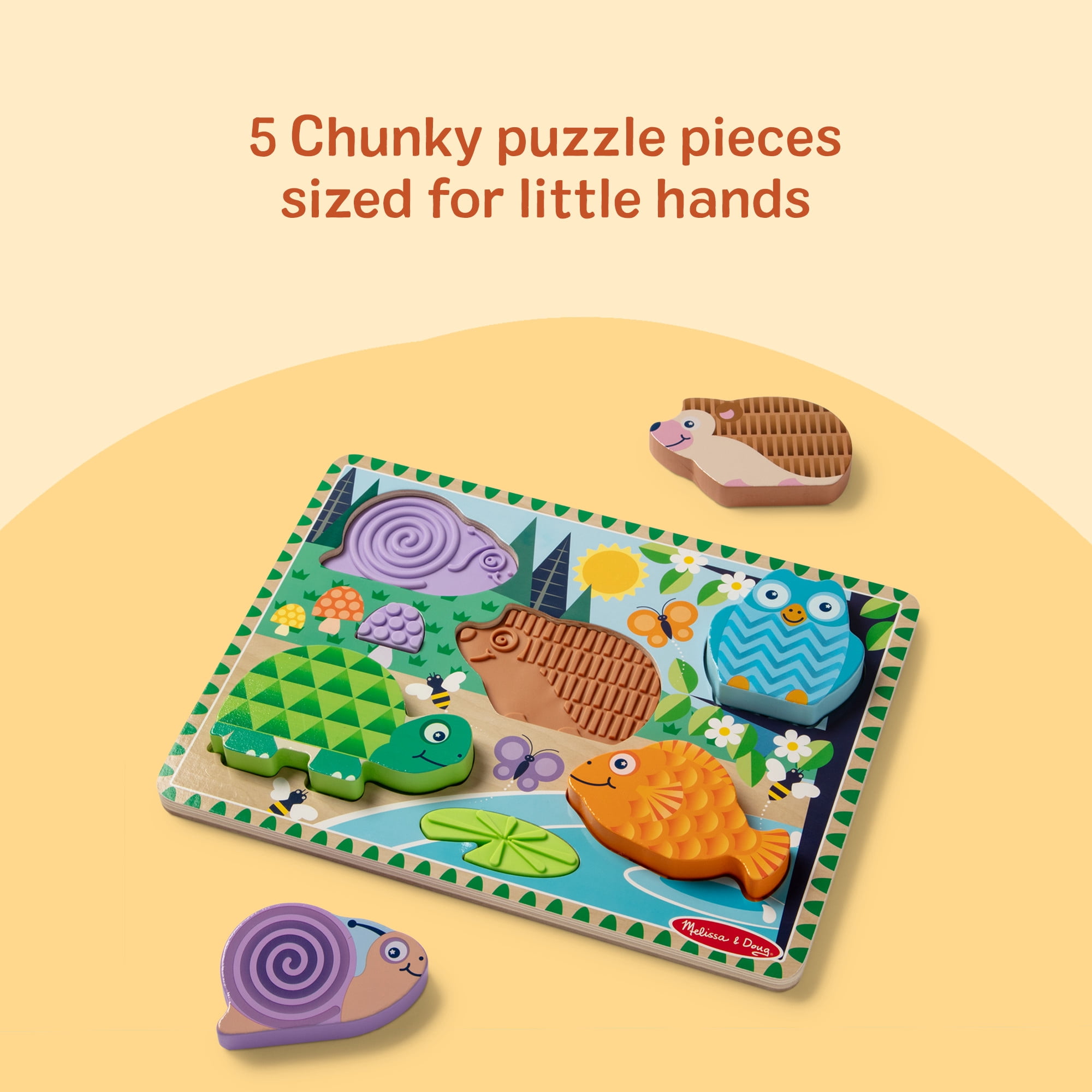 Melissa & Doug Forest Friends Touch & Feel Wooden Puzzle, 5-Piece Chunky Toddler Puzzle with Animals & Textured Silicone Puzzle Board Inlays for Ages 2+
