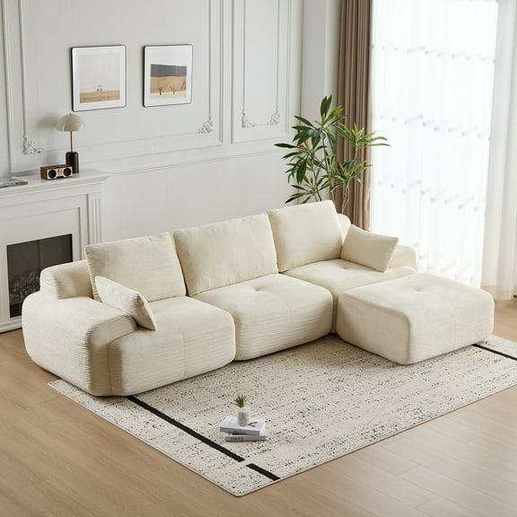 Kosynda 120" Modular Sectional Sofa with L-Shape Chaise, Boneless Memory Foam Couch with Pillows for Living Room, Corduroy Fabric Deep Loveseat, Beige