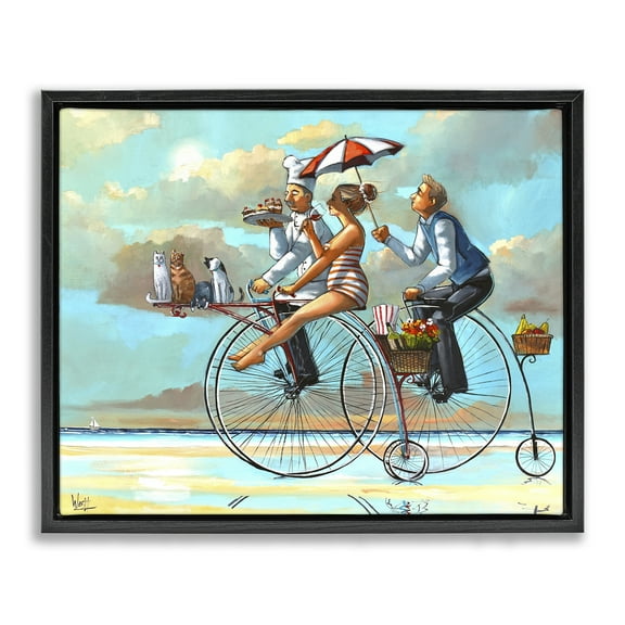 Stupell Industries Woman & Butler Bicycle Ride People Painting Black Floater Framed Canvas Art Print Wall Art, 21 x 17