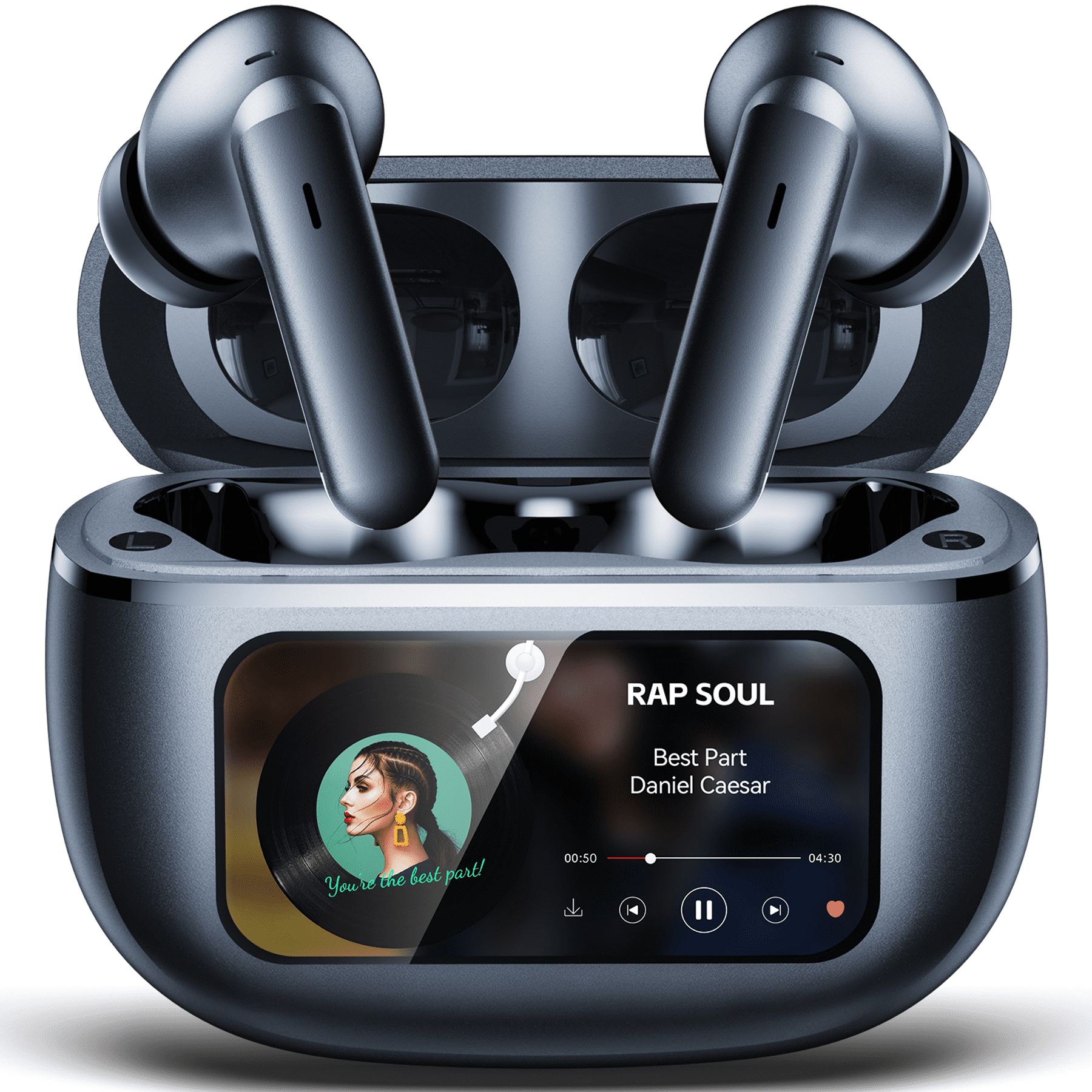 VEAT00L Active Noise Cancelling Wireless Earbuds with Smart Touch Screen, HiFi Stereo Sound, ENC Clear Call Ear Buds, 80H Playtime, IPX7 Waterproof, Transparency Mode，5 EQ for iOS Android