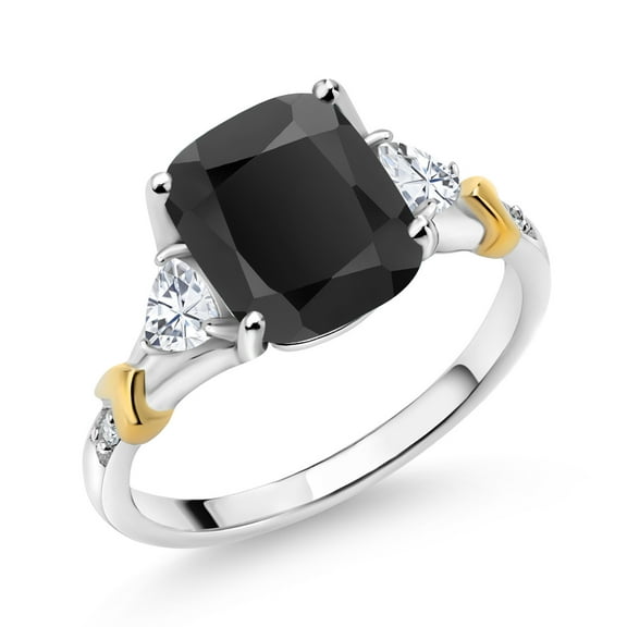 Gem Stone King 925 Sterling Silver and 10K Yellow Gold Black Onyx White Moissanite and Diamond Ring for Women (3.07 Cttw, 10X8MM Cushion 3.5MM Trillion Cut Gemstone Birthstone , Size 7)