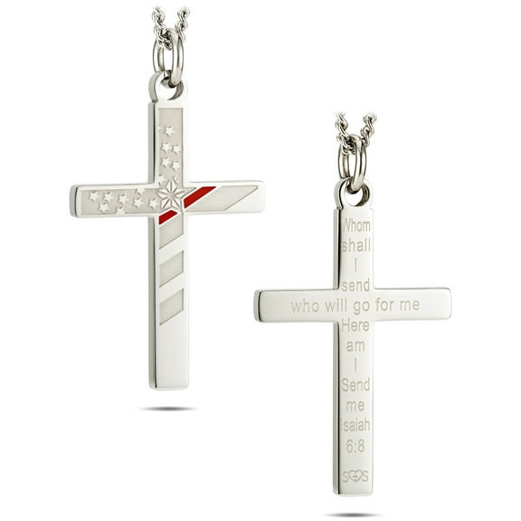 Women's Stainless Steel Flag Cross with Thin Red Line Necklace-Isaiah 6:8