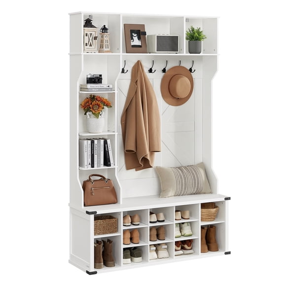 VASAGLE Hall Tree with Bench and Storage Cabinet, Entryway Furniture, 6 Tri-Hooks, Adjustable Shelves, Farmhouse Style, Cloud White