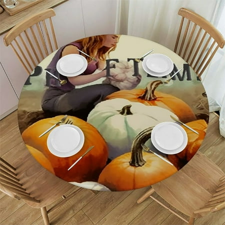

Autua Pumpkins Leaves Farm-Fresh Round Table Cover Stain Resistant Washable Indoor Outdoor Tablecloth Kitchen Dining Wedding Parties Cloth 100% Polyester Fiber 31 -35