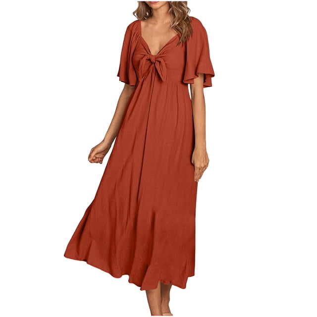 Bowake Robes d'Été pour Femmes 2024 Col en V Nœud devant Manches Courtes Robe Longue Fluide Ample Bohème Plage