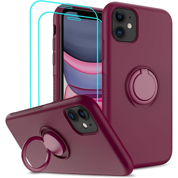 for iPhone 11 Case: with 2 PCS Glass Screen Protector for Women Girls Boys, Liquid Silicone Shockproof Phone Case Cover with Stand for iPhone 11, Red
