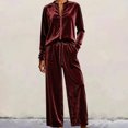 thumbnail image 2 of Women Velvet 2‑Piece Outfit Full Zip Stand Collar Jacket Drawstring Waist Wide Leg Pants Velour Loungewear Pant Suit Solid Color Fall Winter Tracksuit, 2 of 5