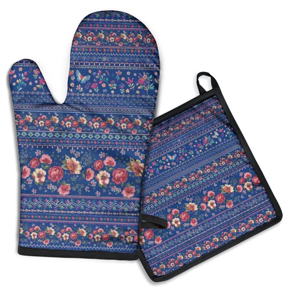 Pioneer Flower Kitchen Oven Mitt and Pot Holder Sets 2 Pcs for Baking, Cooking and Grilling, Heat Resistant Up To 392 °F