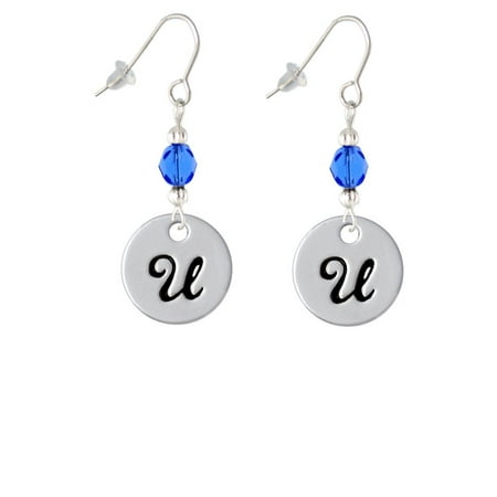 large script letter u 3 4 disc blue bead french earrings