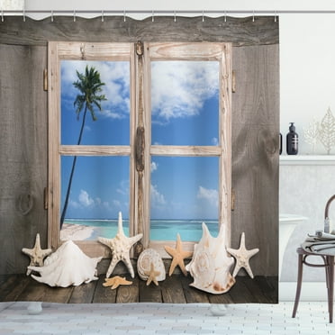 Beach Decor Shower Curtain, Summer Holiday wih Seashells Starfish Palm Tree Ocean Print, Fabric Bathroom Set with Hooks, 69W X 70L Inches, Light Brown Sky Blue and White, by Ambesonne