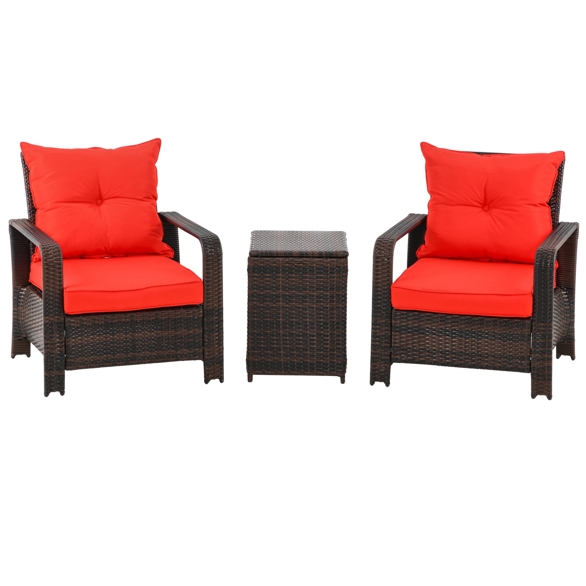 Outsunny 3 Piece Patio Furniture Set, PE Rattan Wicker Storage Table and Chairs w/ Tufted Cushions, Red