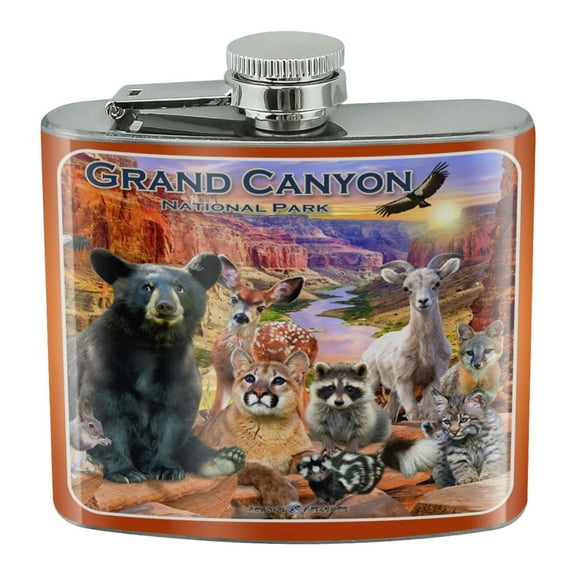 Grand Canyon National Park Arizona AZ Animals Cougar Bear Deer Raccoon Stainless Steel 5oz Hip Drink Kidney Flask