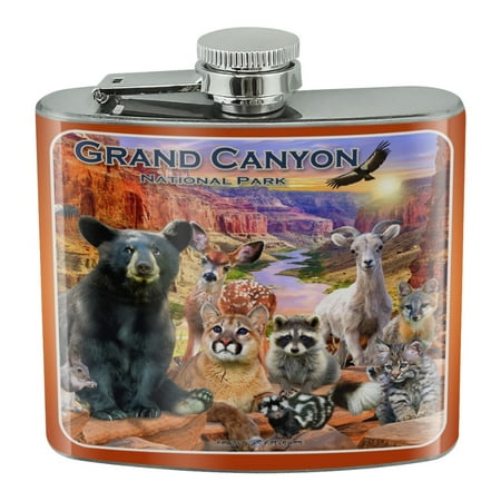 

Grand Canyon National Park Arizona AZ Animals Cougar Bear Deer Raccoon Stainless Steel 5oz Hip Drink Kidney Flask