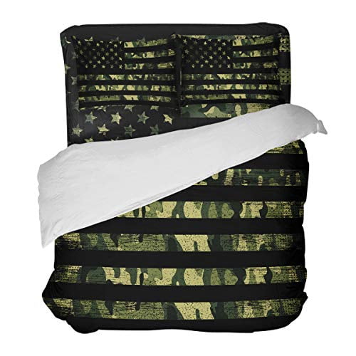 LOVE HOME DAY Camouflage American Flag Bedding Sets King Ultra Soft 4 Pieces Duvet Cover Set with Decorative 2 Pillow Shams Bedspread Bed Sheets Patriotic Stars and Stripes
