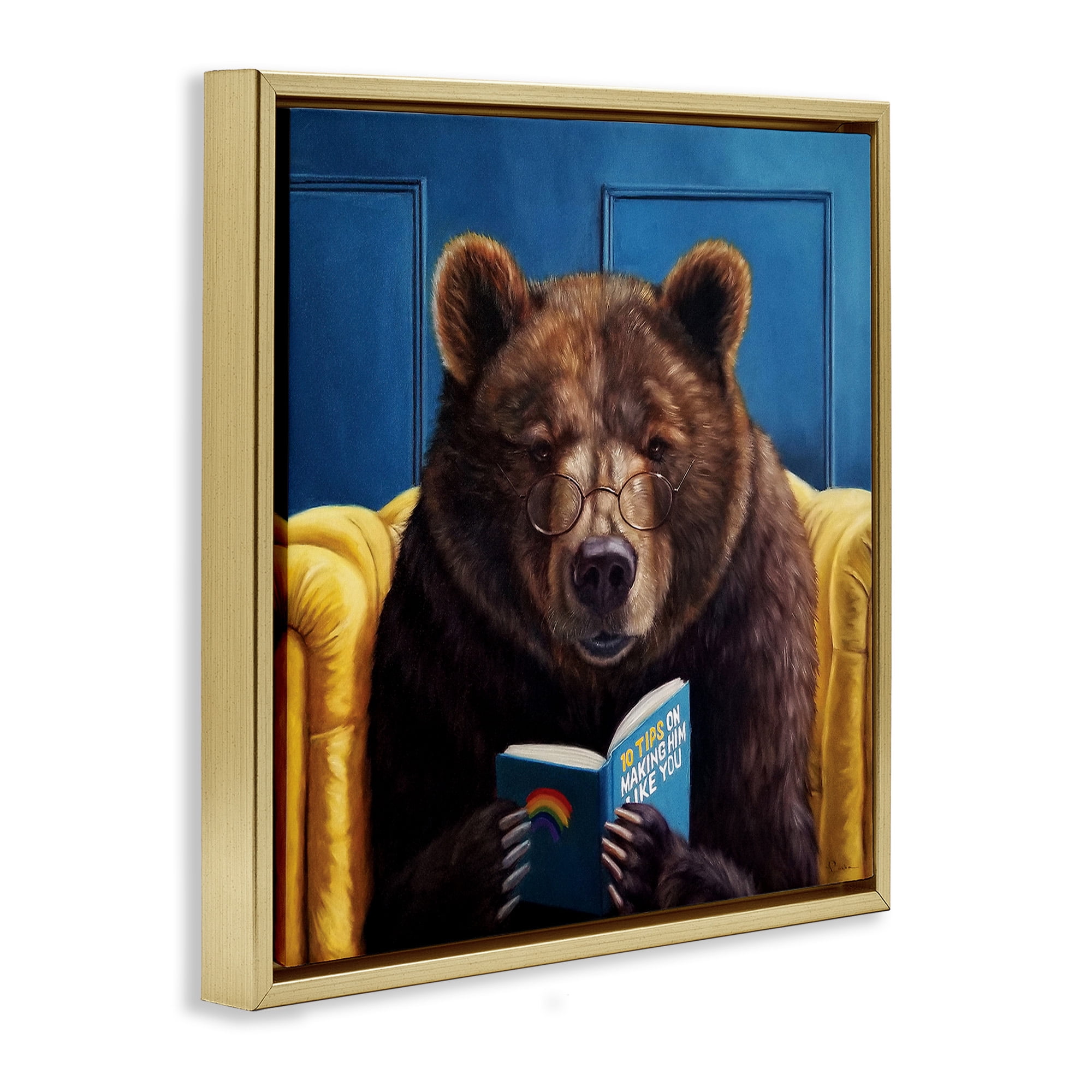 Stupell Industries Brown Bear Reading Dating Book Animals & Insects Painting Gold Floater Framed Canvas Art Print Wall Art, 18 x 18