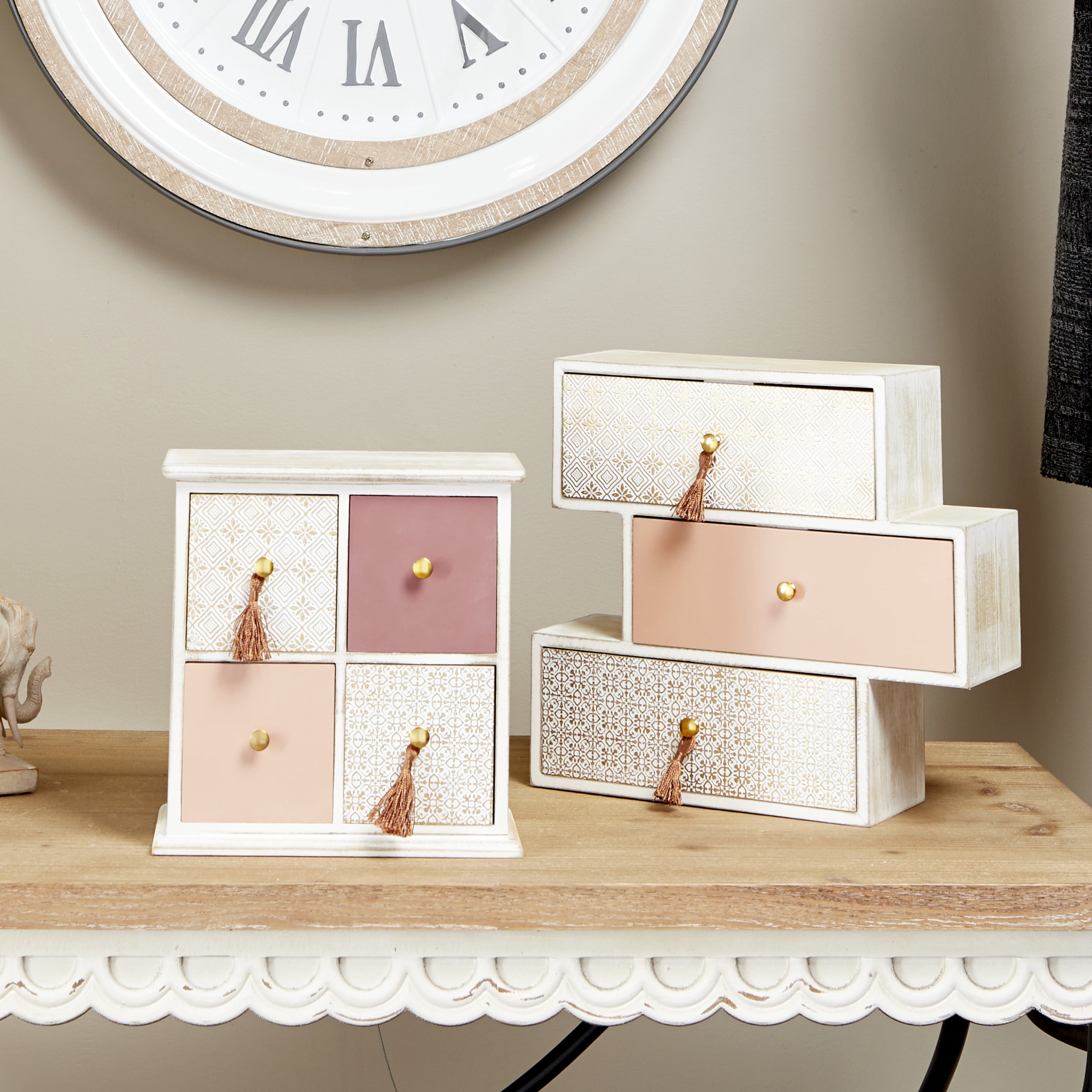 DecMode Floral 4 Drawers Brown Wood Decorative Jewelry Box with Tassel Knobs