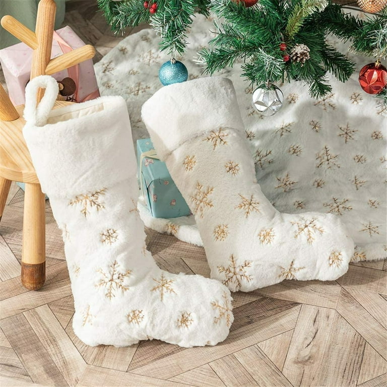 Ranipobo Christmas Stockings - 4 Pack 18 inch Big Christmas Stocking Stuffers White Faux Fur Fireplace Hanging Xmas Stockings Sequin Snowflakes Socks Gift