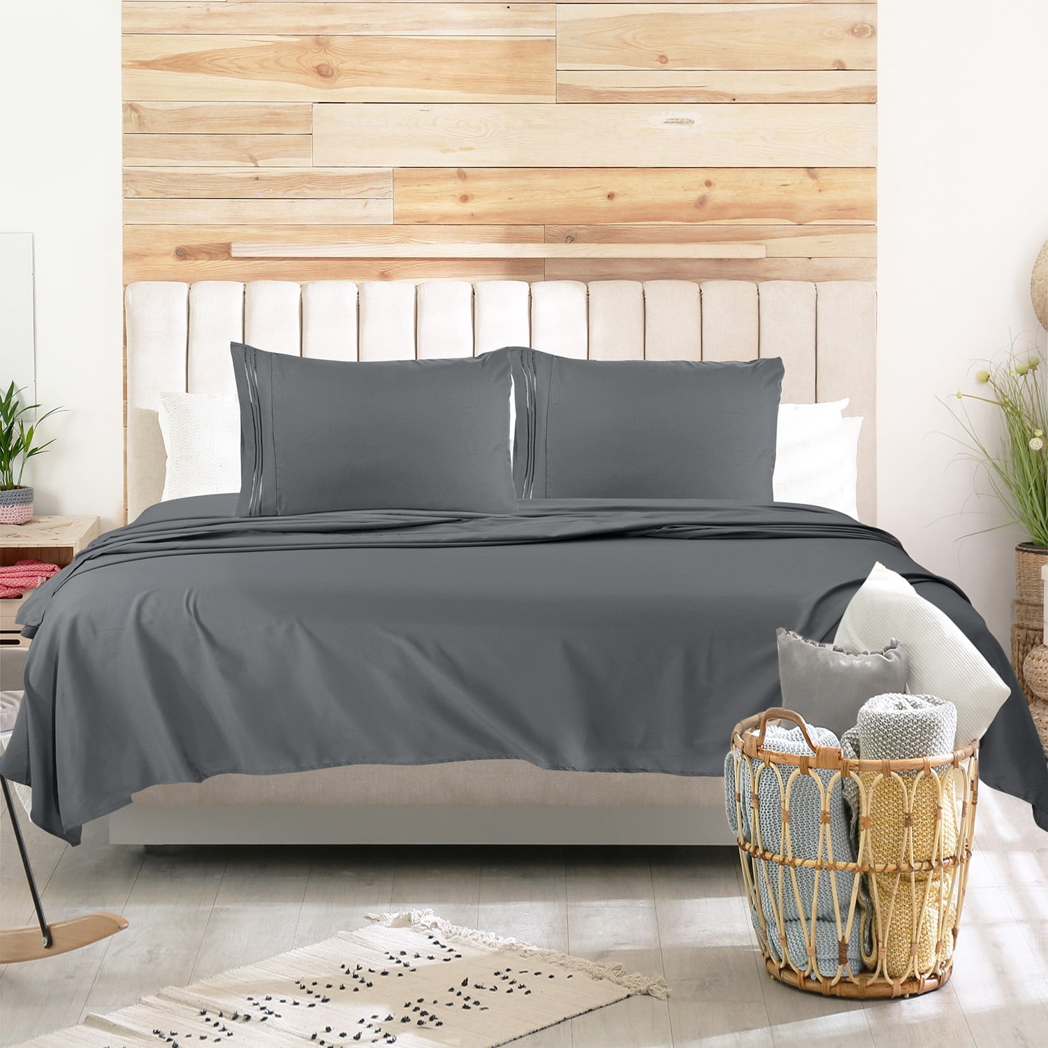Lammaloe Split King Sheets Set, Hotel Style Deep Pocket 5 Piece Bed Sheets, Luxury Soft Microfiber Sheet Sets, Charcoal Stone Gray