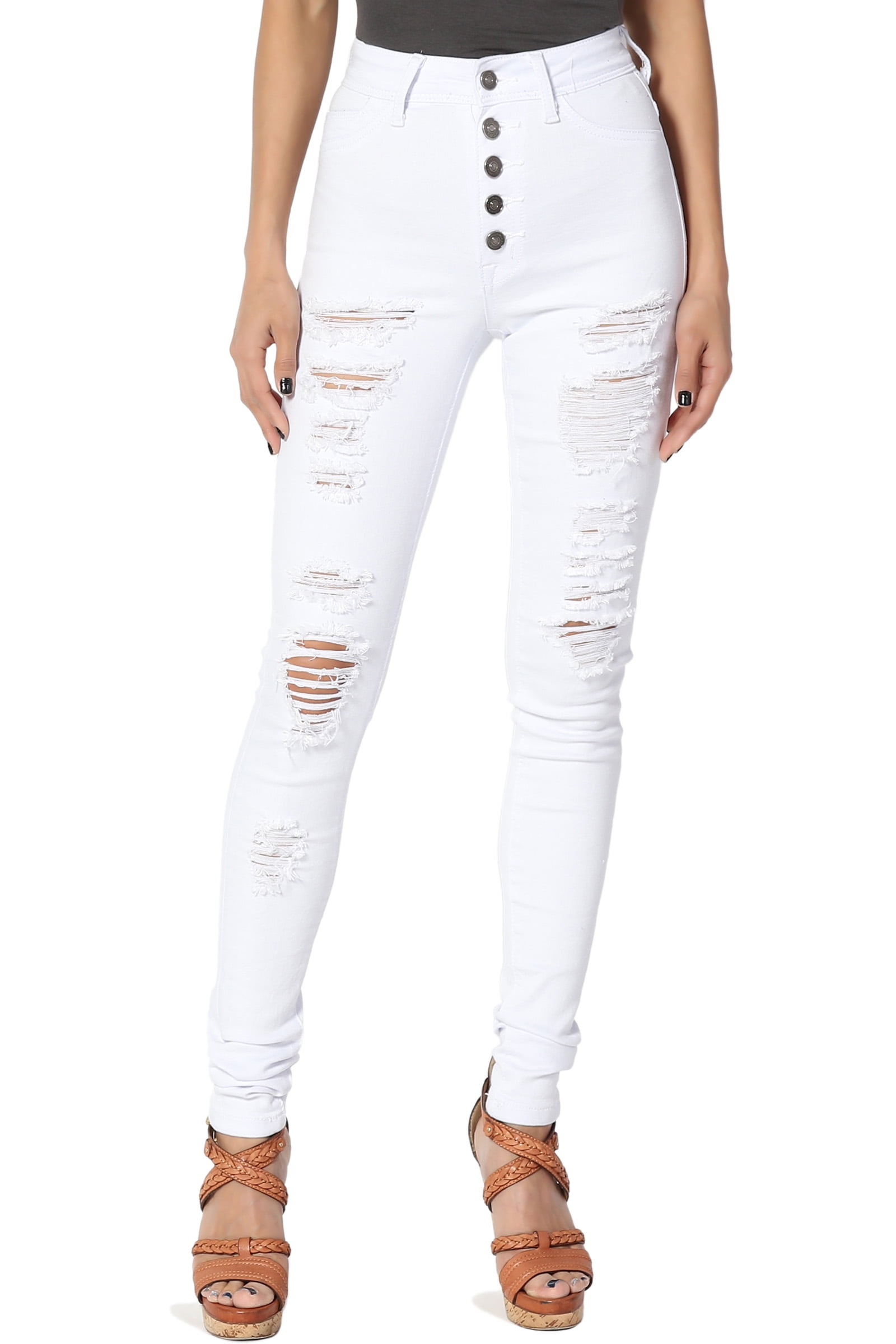Themogan Themogan Women S Ripped Distressed Destroyed Torned High Waist White Skinny Jeans