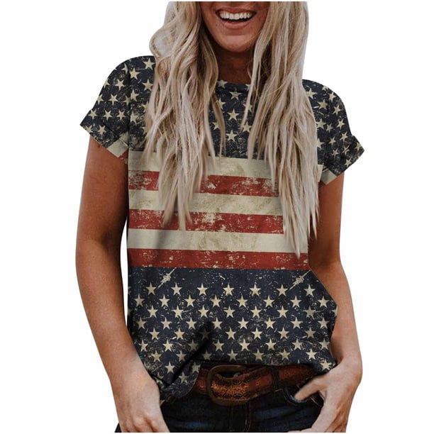 Tops de mujer Moda Casual Blusa suelta Bandera del Día de la Independencia Impresión de cuello redondo Camiseta Camisas Blusa Camiseta estampada Pompotops hfajkhk129814