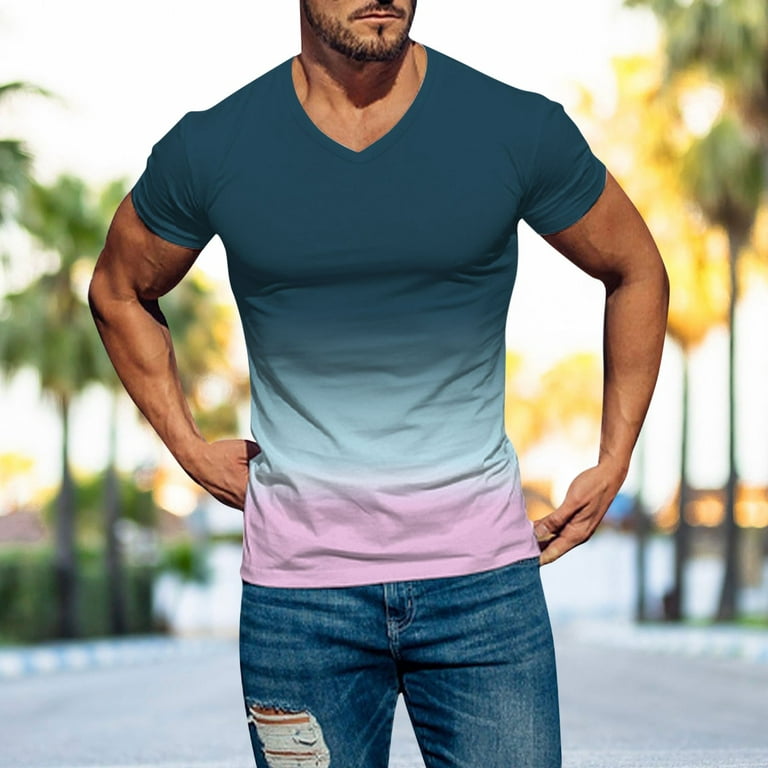 Hemlock Pink Tshirts Shirts for Men Mens Spring Summer Casual Sports Comfortable Soft Gradient Solid Color Slim Short Sleeve V Neck T Shirt, Men's