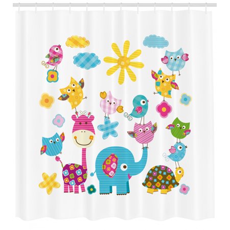 Nursery Shower Curtain Cute Animals Cartoon Style Happy Dancing Animals Elephant Birds Owls Fabric Bathroom Set With Hooks 69w X 75l Inches Long Sky Blue Pink Marigold By Ambesonne Walmart Com