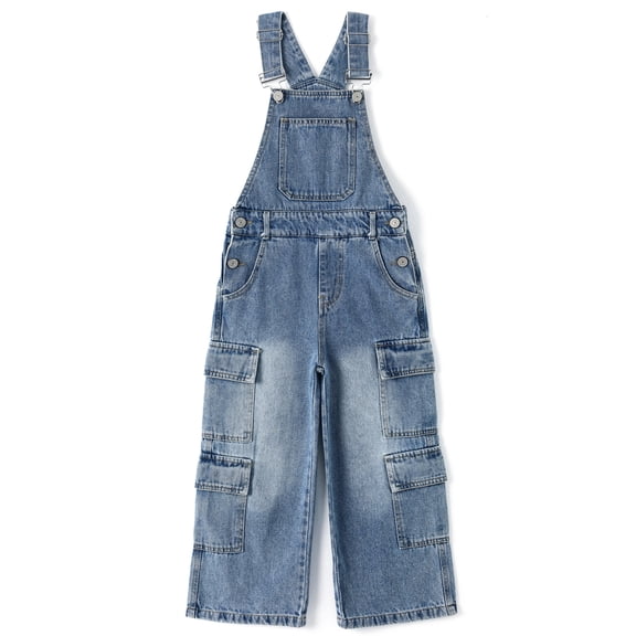 KIDSCOOL Kids Girls Wide Leg Denim Overalls Cargo Jean Jumpsuit Jumper,Blue,7-8 Years