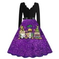 thumbnail image 3 of Hogleaql Mardi Gras Dresses Womens Vintage V Neck Long Sleeve A-Line Carnival Themed Party Graphic Midi Dress Swing Belted Comfy Trendy Clothing Dark Purple XL, 3 of 4
