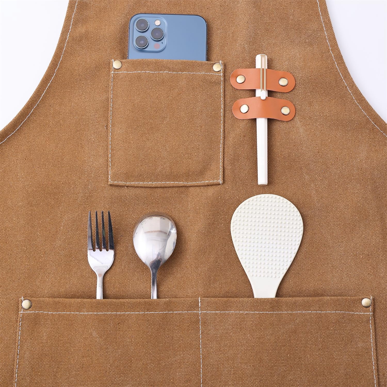 Chef Apron Medium-Thick Cotton Canvas,Cross Back with Multiple Pockets Adjustable Work Apron for Men and Women (Brown)