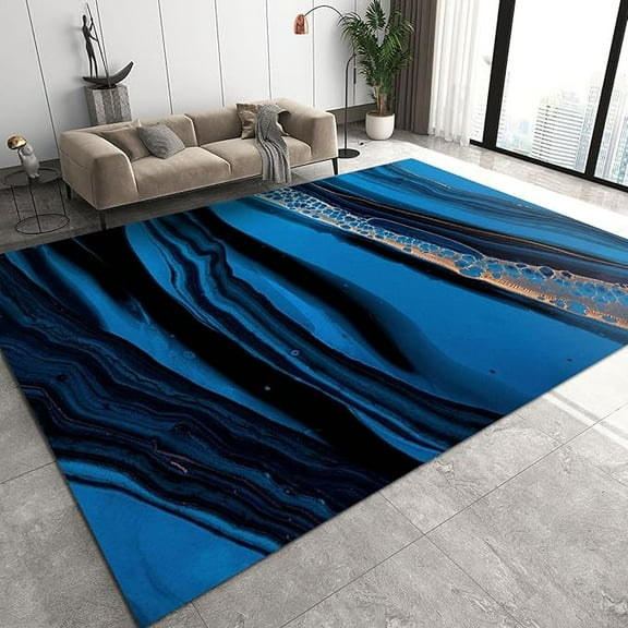 Blue And Black Area Rugs For Living Room, Abstract Texture Large Low Pile Bedroom Carpet, Indoor Soft Rug For Boy And Girls Room Dorm Home Decor 4 x 5ft