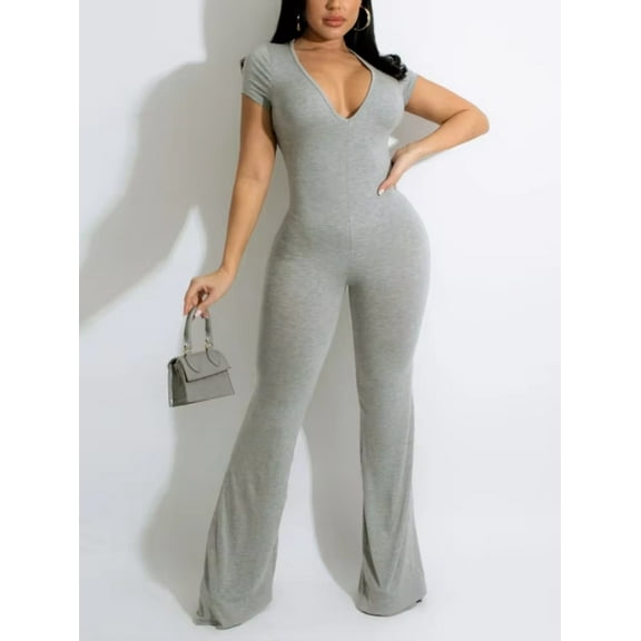 Sexy Slim Fit V-Neck Jumpsuit | Short Sleeve High Stretch Bodycon Flared Jumpsuit, Curvy & Chic Casual Wear