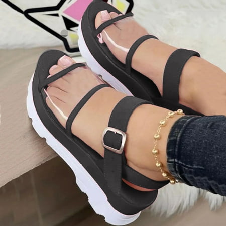 

XIAQUJ Fashion Spring and Summer Women Sandals Thick Sole Solid Color Transparent Upper Open Toe Buckle Comfortable Light and Casual Style Sandals for Women Black 9(42)