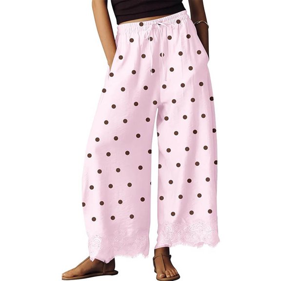 Womens Lace Trim Wide Leg Pants 2026 Summer Cropped Lace-Hem Pants Casual Outfits with Pockets , M