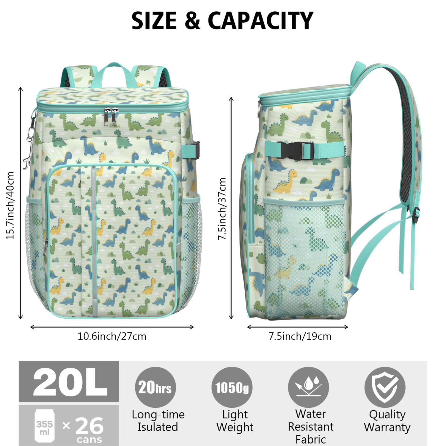 Travel Cooler Bag - LightGreen Cartoon Dinosaurs Clouds Pattern Camping Beer Cooler Backpack with Bottle Opener- Waterproof Insulated Picnic Backpacks - Cooler Bag for Beach