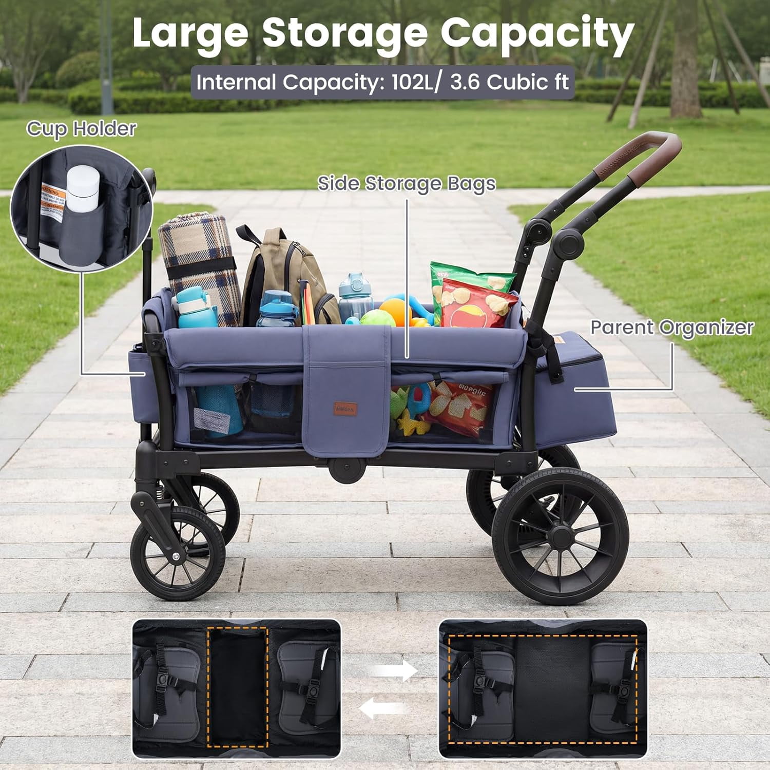 INFANS Wagon Stroller for 2 Kids, Foldable Wagon Cart with Adjustable Handle Pull Bar, Removable Canopy, Footwell, Snack Tray, Harnesses for Infants Toddlers 6-36 Months