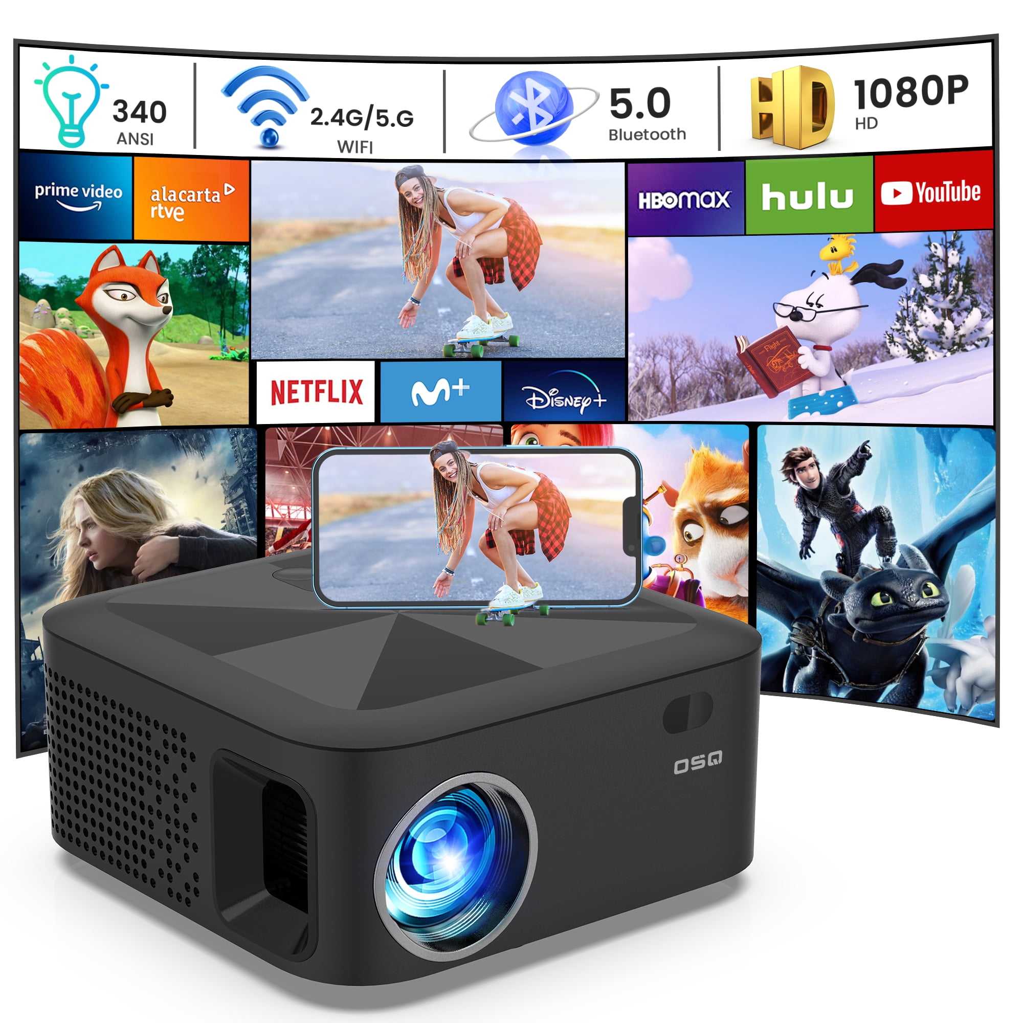 5G WiFi Bluetooth Projector, Full 1080P Supported Outdoor Movie Projector, Home Theater Mini Video Projector with Zoom, Compatible with Phone/Tablet/TV Box/DVD Player/ USB/SD Walmart.com