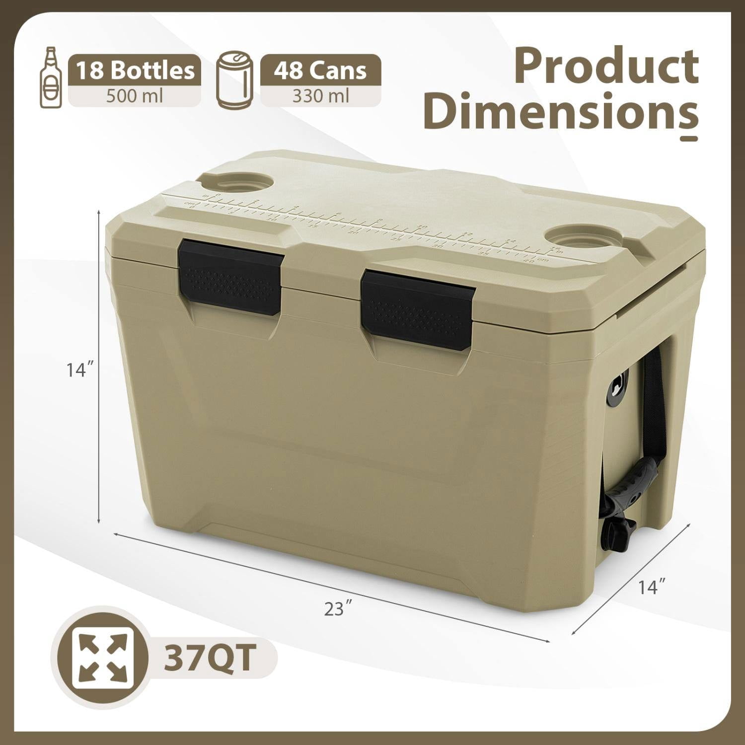 Resenkos Insulated Hard Shell Portable Cooler with Cup Holders Bottle Opener and Drain Plug, Outdoor Ice Chest for Camping, Beach and Picnics, Brown