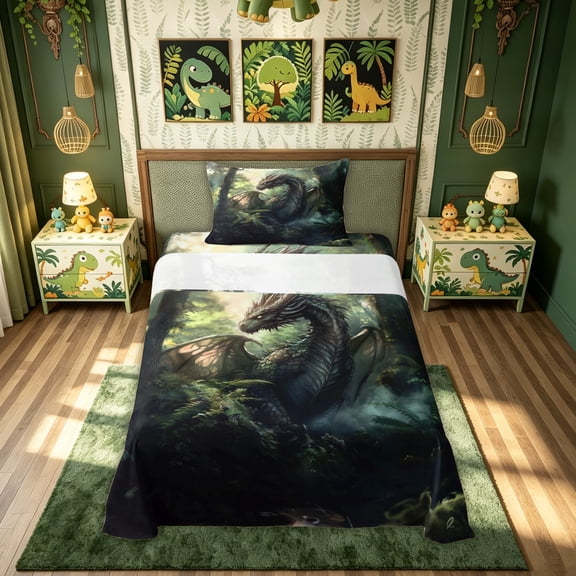 meiyoeat Jungle Forest Dragon Twin Sheets for Men Boys, Woodland Animal Bedding, Green, Black Reversible, 1 Flat Sheet, 1 Fitted Sheet and 1 Pillowcase