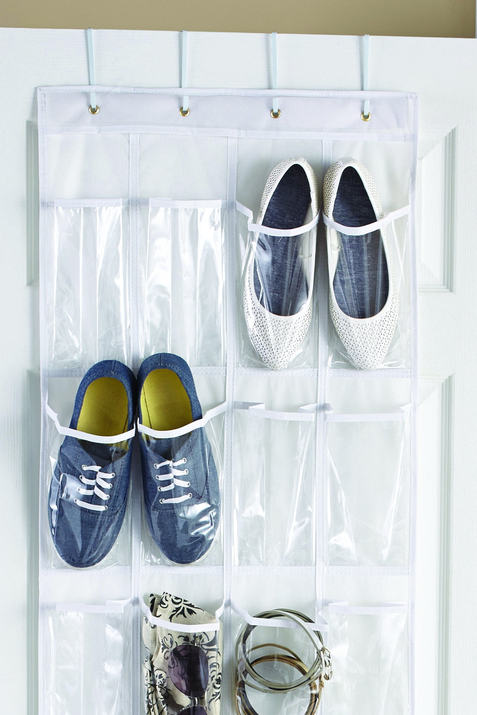 Mainstays 24 Pocket Over-the-Door Shoe Organizer, Clear Pockets, Non-Woven Polypropylene, White