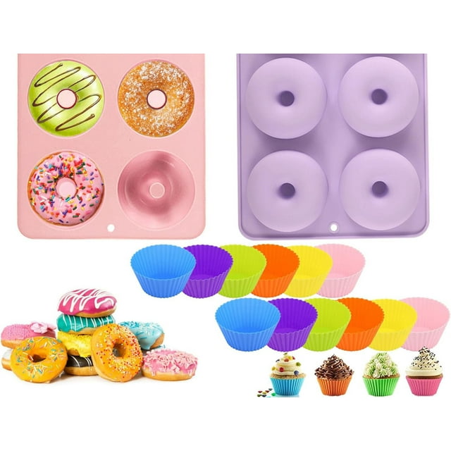 Molde para donas, 2 Molde de silicona para hornear, con 12 moldes de silicona para cupcakes, Moldes de silicona antiadherentes reutilizables, sin BPA (violeta)