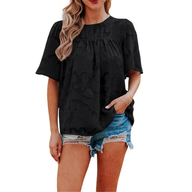 VISgogo, camisetas de gasa de verano para mujer, camisetas de manga corta acampanadas informales holgadas de encaje de Color sólido, ropa de calle para el día a día VISgogo moda