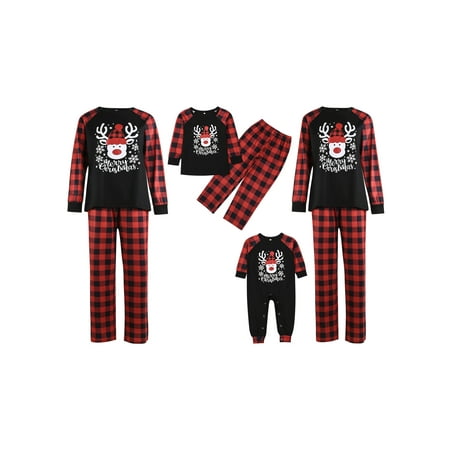 

Gwiyeopda Christmas Family Parent-child Pajamas Cartoon Fawn Print Tops and Plaid Trousers Home Clothes Set