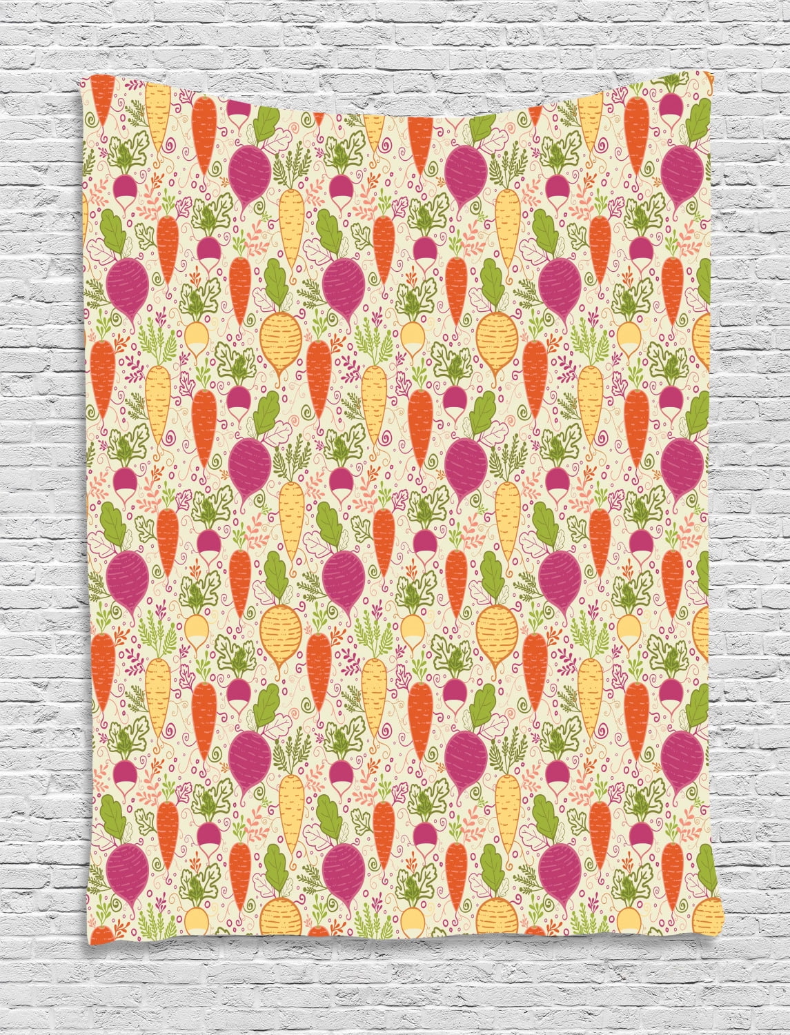 Vegetable Tapestry, Colorful Doodle Root Vegetables Pattern with Tulips ...