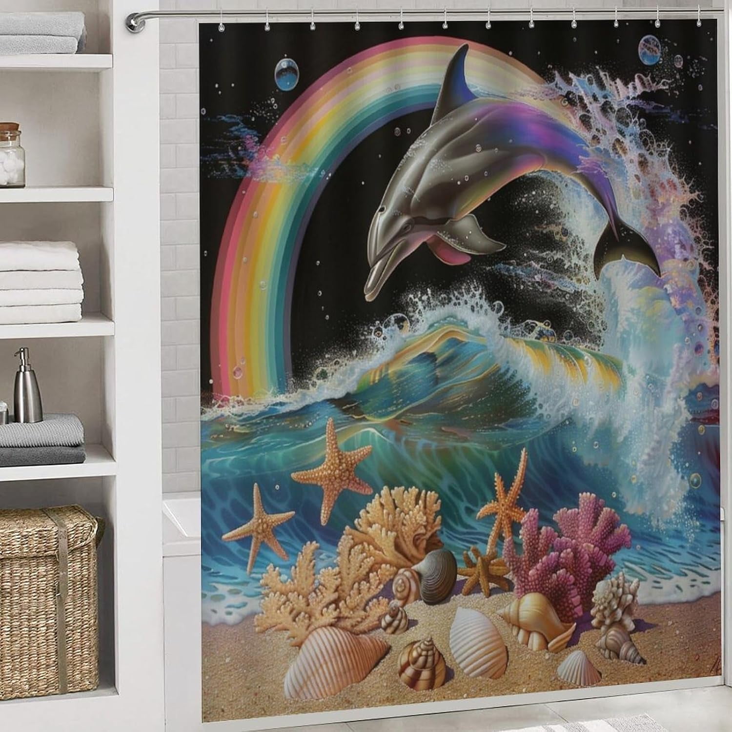4Pcs Colorful Ocean Dolphin Shower Curtain Sets, Bathroom Decor Set with Rugs, Bath Mat Sea Shell Rainbow Shower Curtain, 72 X 72 Inch