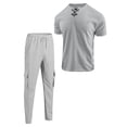 thumbnail image 4 of BLTIBY Men's Summer Sets 2 Piece Outfits Waffle Crewneck V Neck Fitted Lace Up Short Sleeve T-Shirt & Drawstring Cargo Pants Casual Stylish Matching Set with Pockets Gray XL, 4 of 8