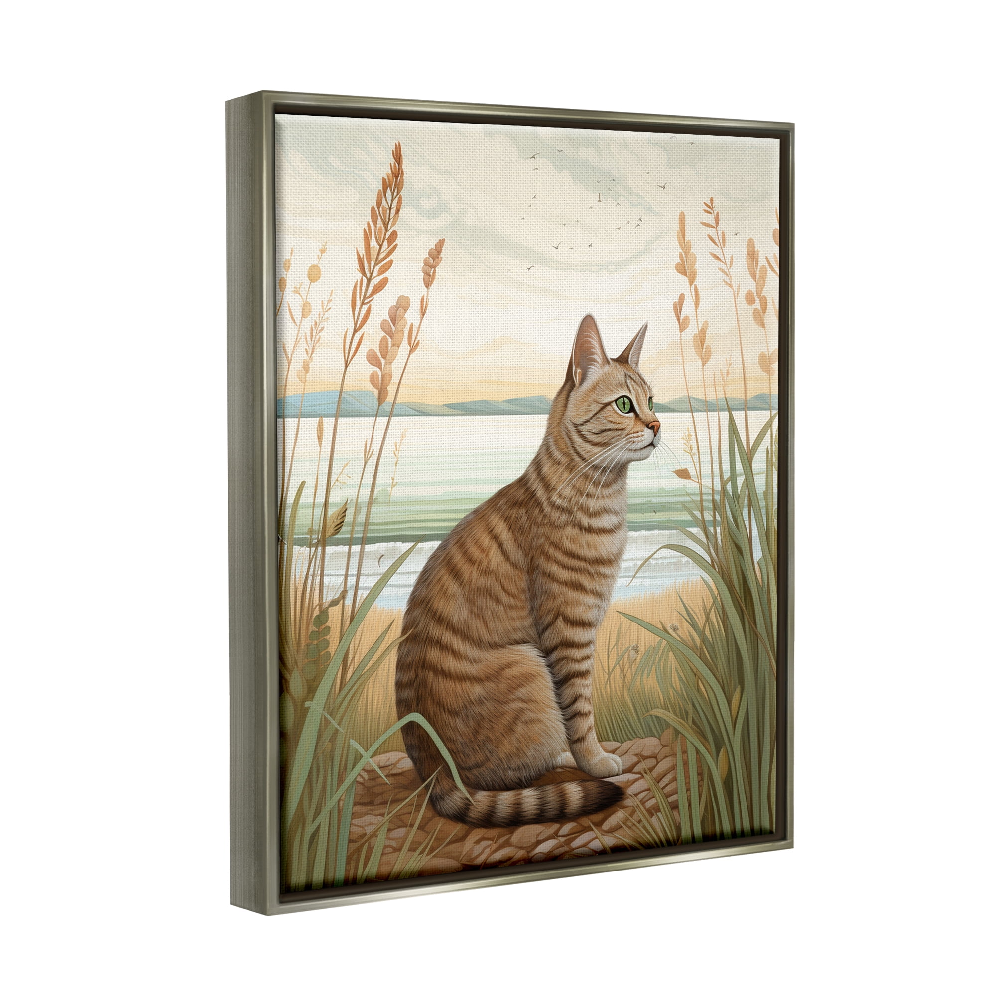 Stupell Industries Cat Sitting on Beach Animals & Insects Painting Gray Floater Framed Art Print Wall Art, 25 x 31