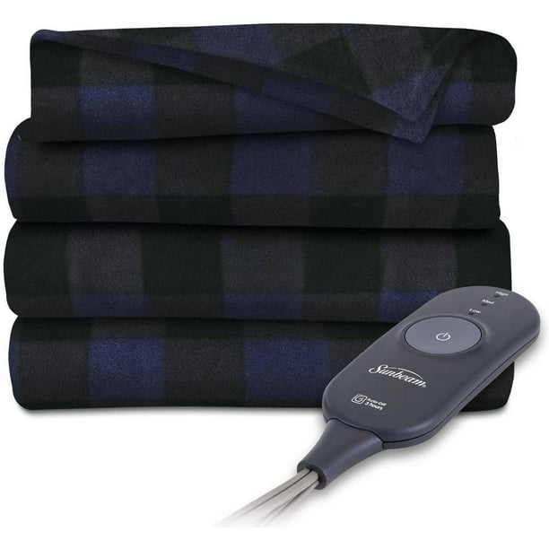 Sunbeam Heated Throw Blanket Fleece, 3 Heat Settings Blue Plaid