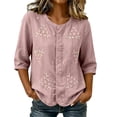 thumbnail image 2 of Qulqfy Cotton Linen Women's Blouses 3/4 Length Sleeve Casual Crew Neck Floral Print Button Down Purple Spring Women Summer Tops L, 2 of 7